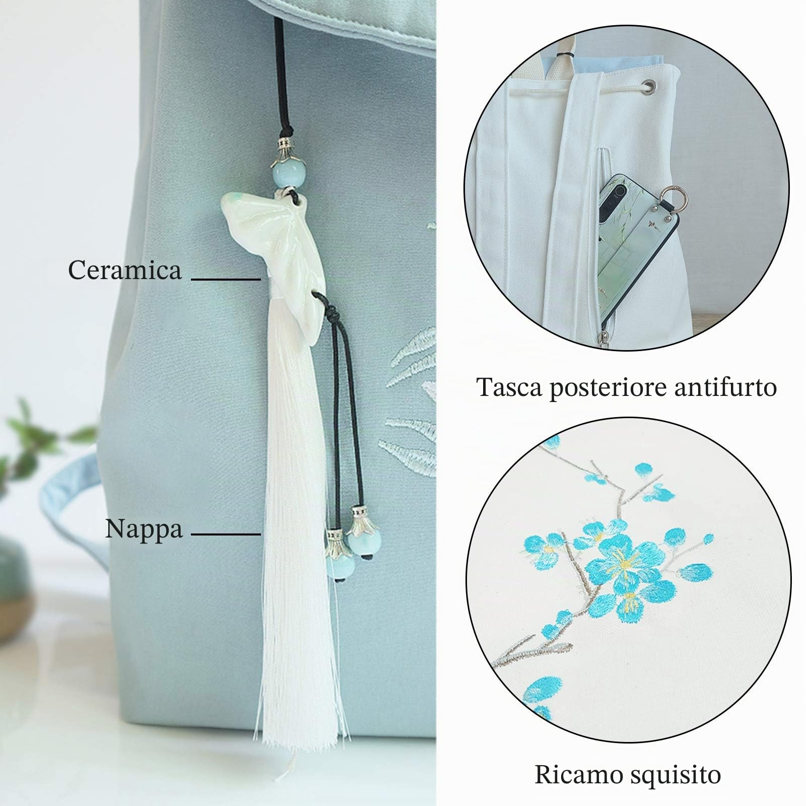 FANDARE Donna Zaino Ricamo Zaini Ragazze Zainetto in Stile Etnico Backpack Università Viaggio Shopping Incontri Zaino Durevole Tela Umetake