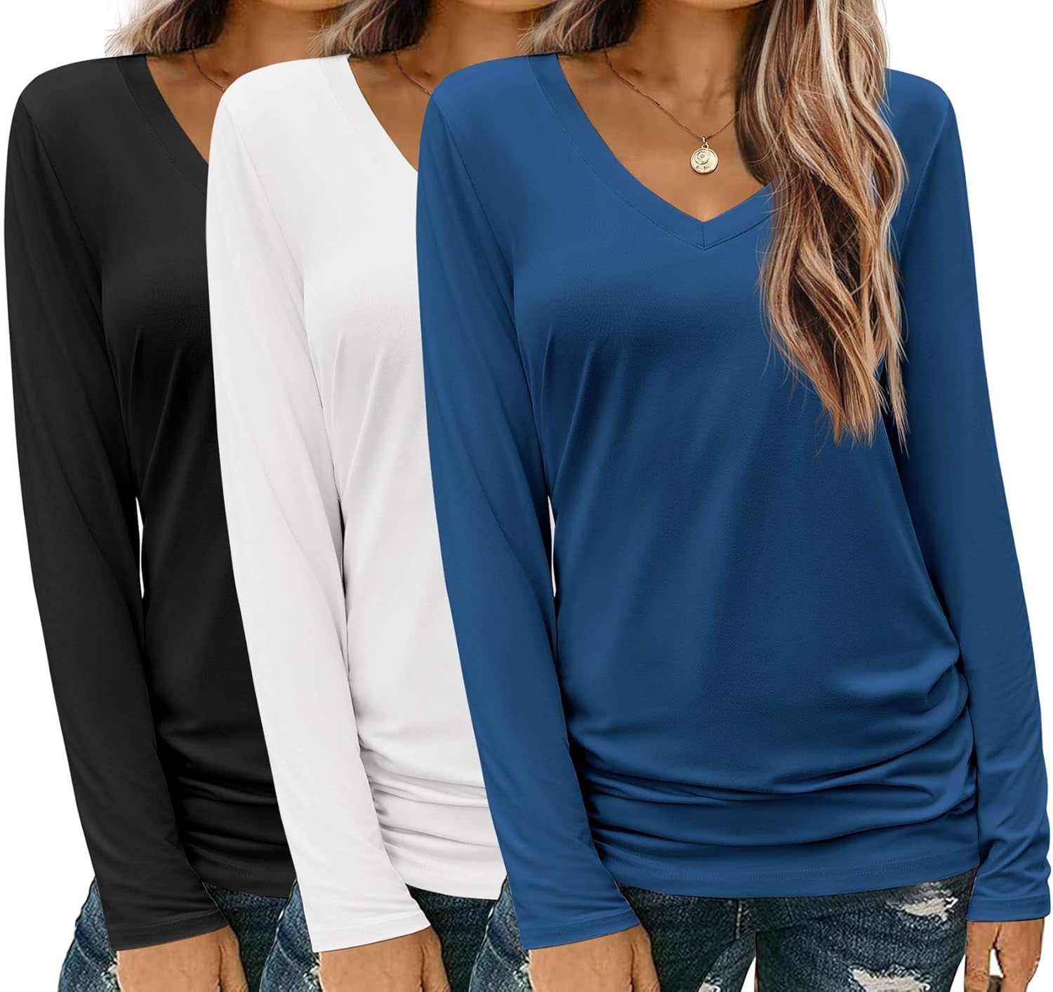 Zeagoo 3 Pack Womens T Shirts V Neck Long Sleeve Shirt Casual Tops Soft Solid Basic Tee Fall Outfits S-XXL