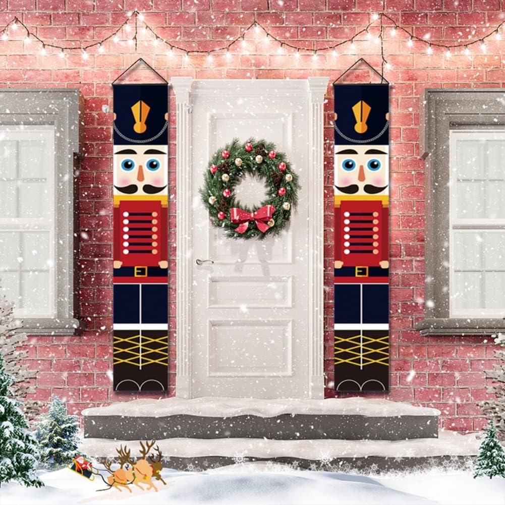 Nutcracker Christmas Decorations - Outdoor Xmas Decor - Life Size Soldier Model Nutcracker Banners for Front Door Porch Garden Indoor Exterior Kids Party Yard Gate 1 Pair
