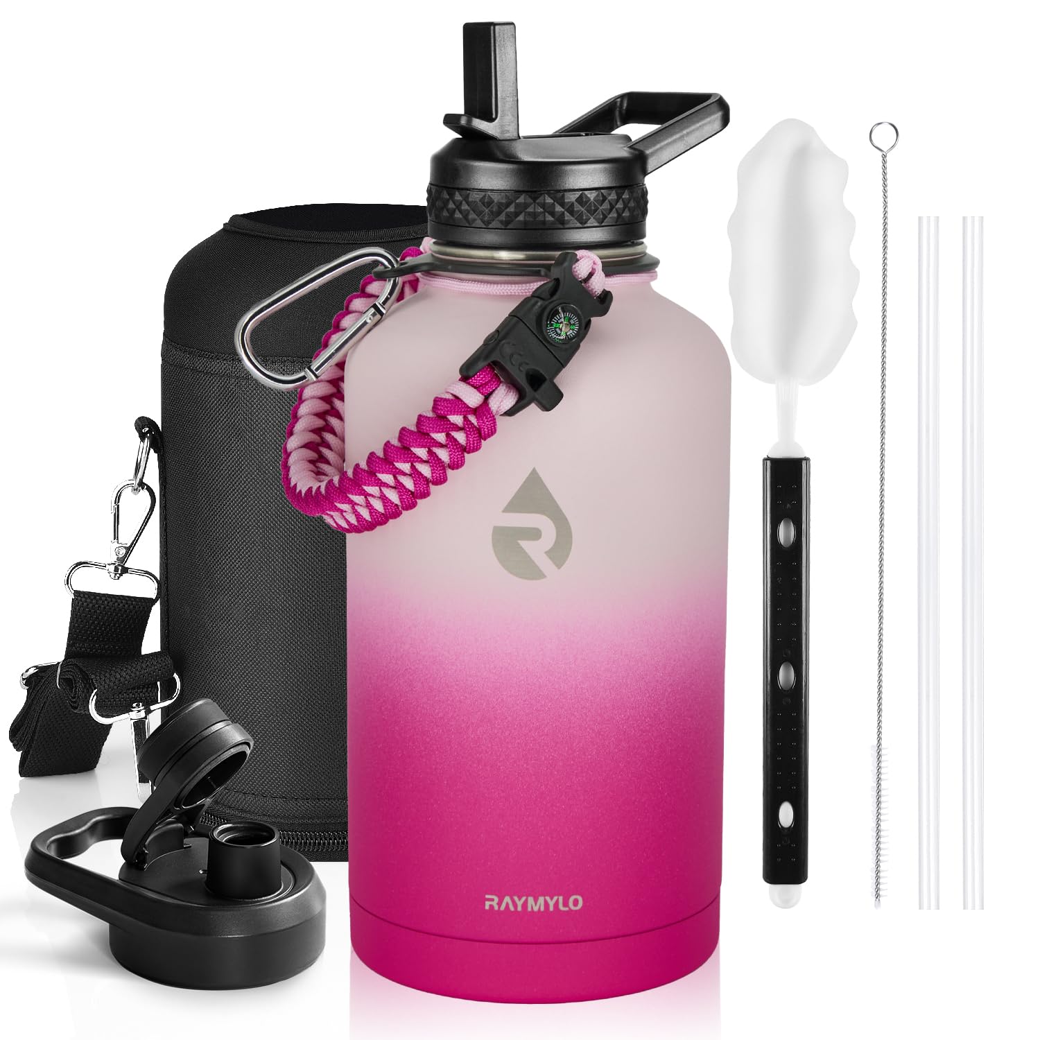 Insulated Water Bottle 64 oz, Triple Wall Vacuum Stainless Steel (Cold for 48 Hrs), Leak Proof & Non-BPA, Half Gallon Water Flask Jug with Paracord Handle & Straw Spout Lids, Ombre Pink