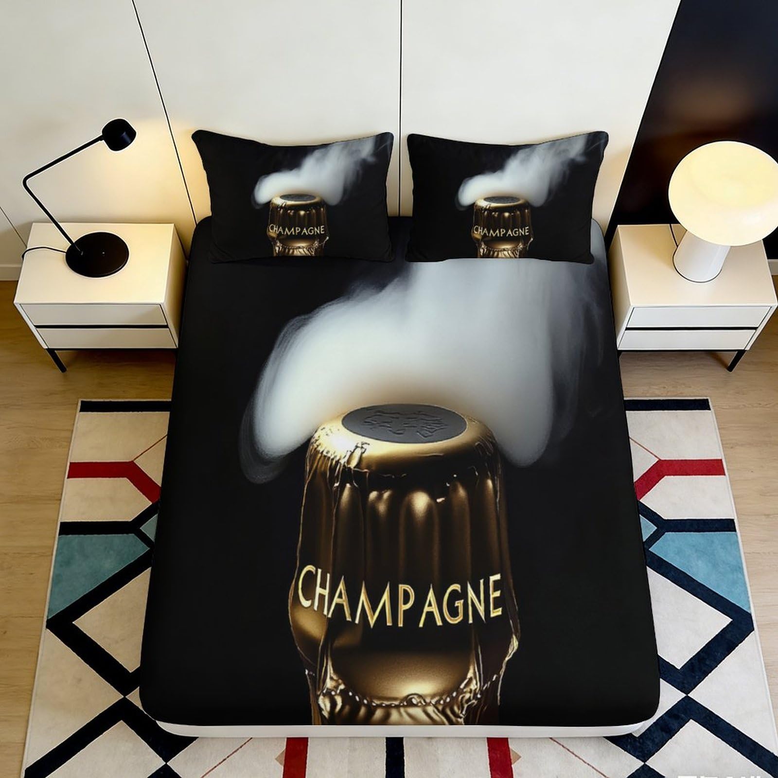 Dhbaneiok Style-8 3D Printed Champagne Bubble Fitted Sheet Microfiber Soft Black Gold Celebration Bed Cover For Bedroom Dorm Mattress Decor 90X200x25cm