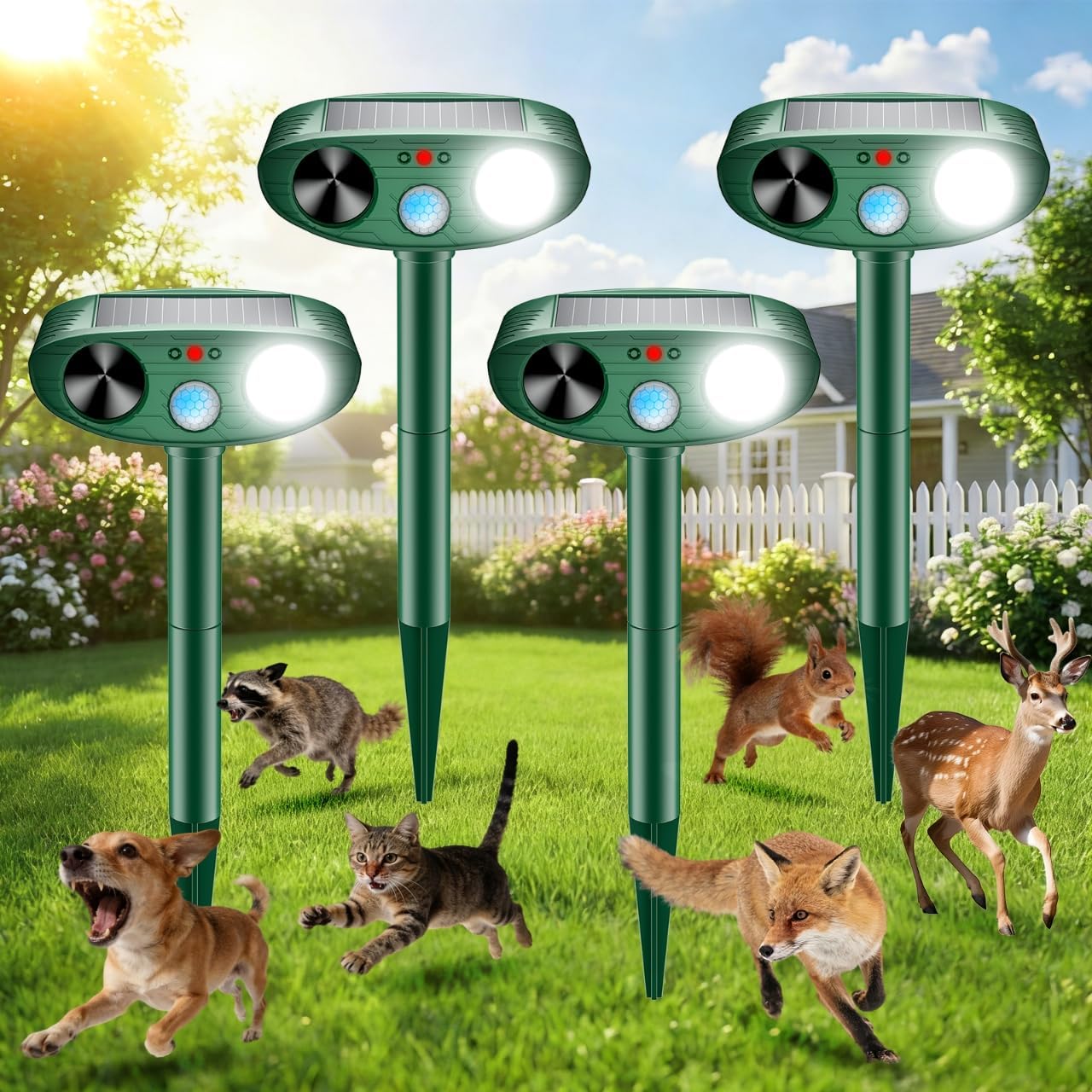 2026 Upgraded Ultrasonic Solar Animal Repellent Outdoor, Deer Repellent Devices Squirrel Cat Raccoon Rabbit Dog Deterrent with Motion Sensor Flash Light for Yard Garden Lawn