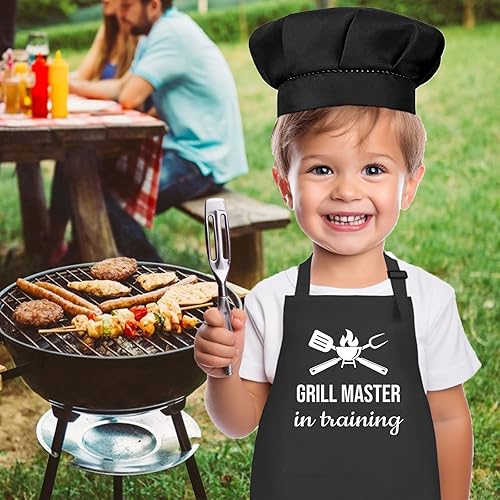 Miniatura 7 de Juego de delantal y sombrero de chef para niños, divertido delantal de entrenamiento con 2 bolsillos para niños y niñas