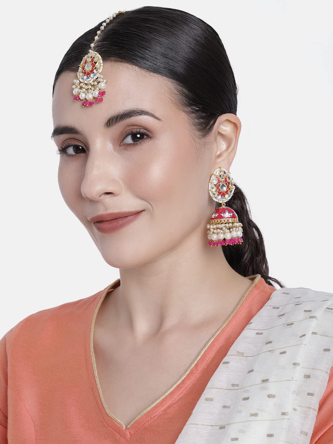 Aheli Traditional Gold Plated Jhumki Earrings with Maang Tikka Jewellery Set Gift for Women