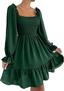 Women's Square Neck Puff Sleeve Dress Smocked Casual A Line Swing Flowy Ruffle Hem Babydoll Mini Dress - Buy now