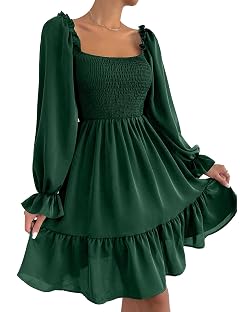 Ekaliy Womens Square Neck Puff Sleeve Dress Smocked Casual A Line Swing Flowy Ruffle Hem Babydoll Mini Dress