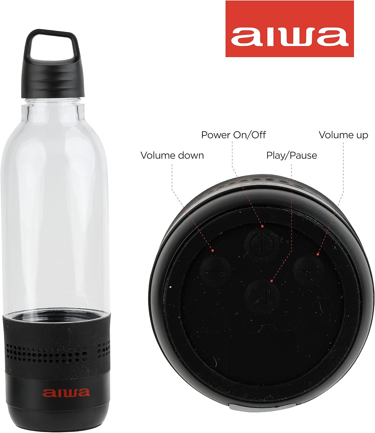 AIWA Water Bottle with Speaker and Earphone Bundle - 400ml Water Bottle with 4 Hour Playtime and Wireless Sports Earphones with Integrated Mic, 10 Hours Playtime for Workout, Camping and Hiking,Black image 2
