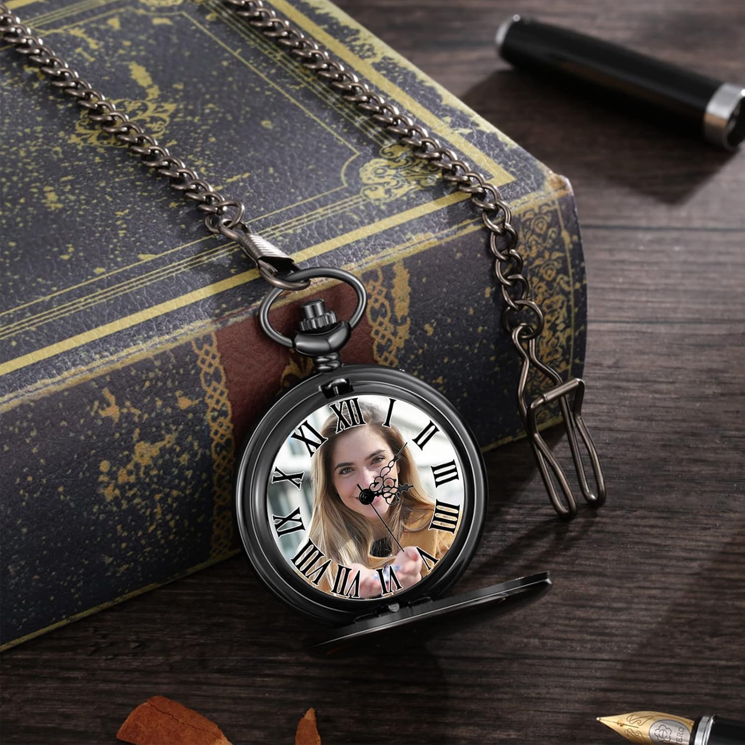 JewelOra Personalized Pocket Watch for Men Women Custom Engraving Name Pocket Watches with Detachable Chain Customized Pocket Watch with Picture Gift for Husband Boyfriend Dad