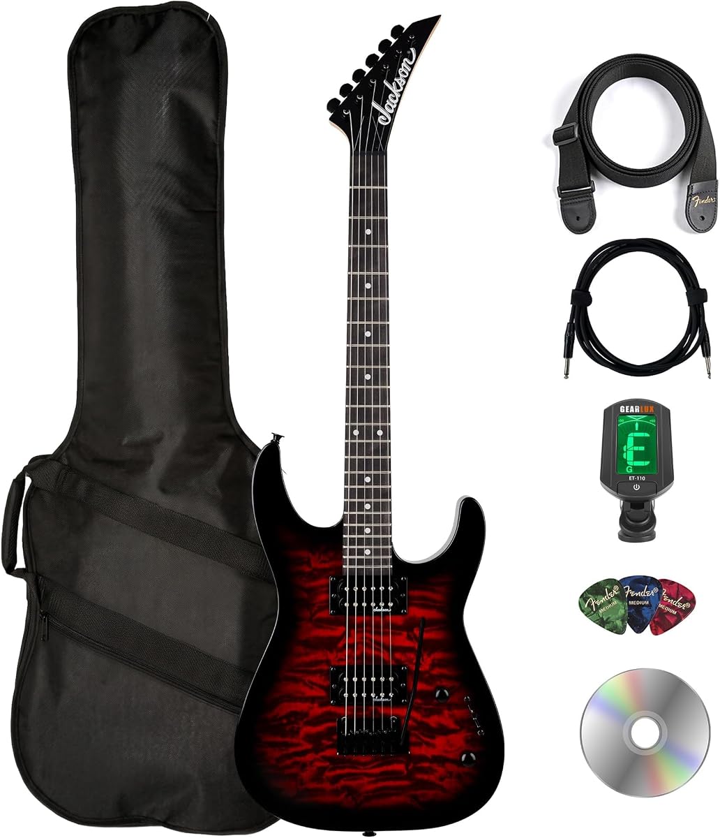 Guitarra eléctrica JS Series Dinky JS11Q - Paquete rojo transparente con bolsa de transporte, afinador, correa, cable, púas y DVD instructivo de Austin Bazaar