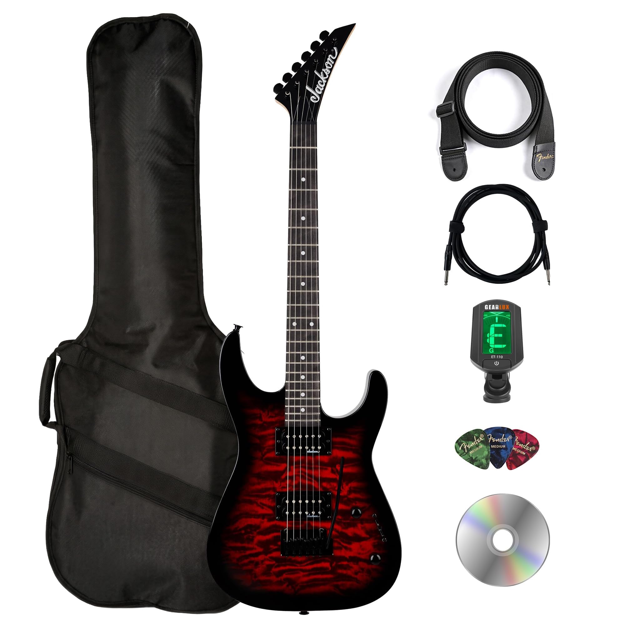 Jackson JS Series Dinky JS11Q Electric Guitar - Transparent Red Bundle with Gig Bag, Tuner, Strap, Cable, Picks, and Austin Bazaar Instructional DVD