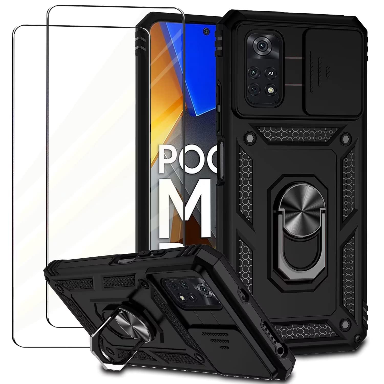 Custodia Hi-Case Per Xiaomi Poco M4 Pro 4G: Cover Con Protezione Fotocamera Scorrevole E Anello Magnetico (Argento)