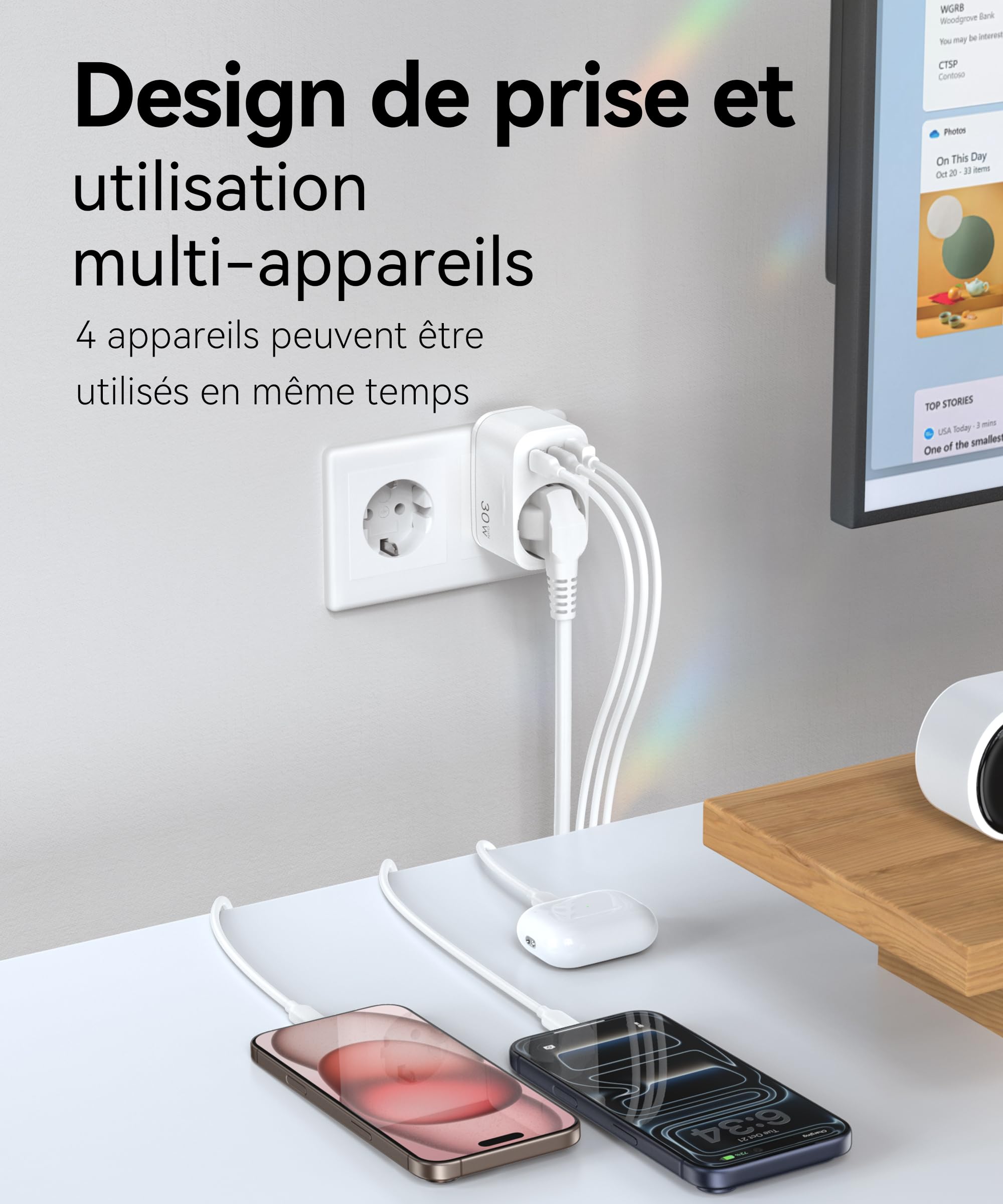 TOPADRE 2-Pack Prises Allemandes Murale avec 2 ports USB-C et USB-A, Chargeur Rapide 30W, Multiprise 4 Sorties, Adaptée aux Appareils Sans Terre, Prise Schuko 3680W avec sécurité enfant pour téléphone