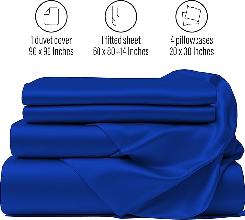 Miniatura 3 de Ahmedani Linen - Juego de sábanas de satén sexy de 6 piezas, 1 funda de edredón + 1 sábana bajera + 4 fundas de almohada, color azul marino, tamaño