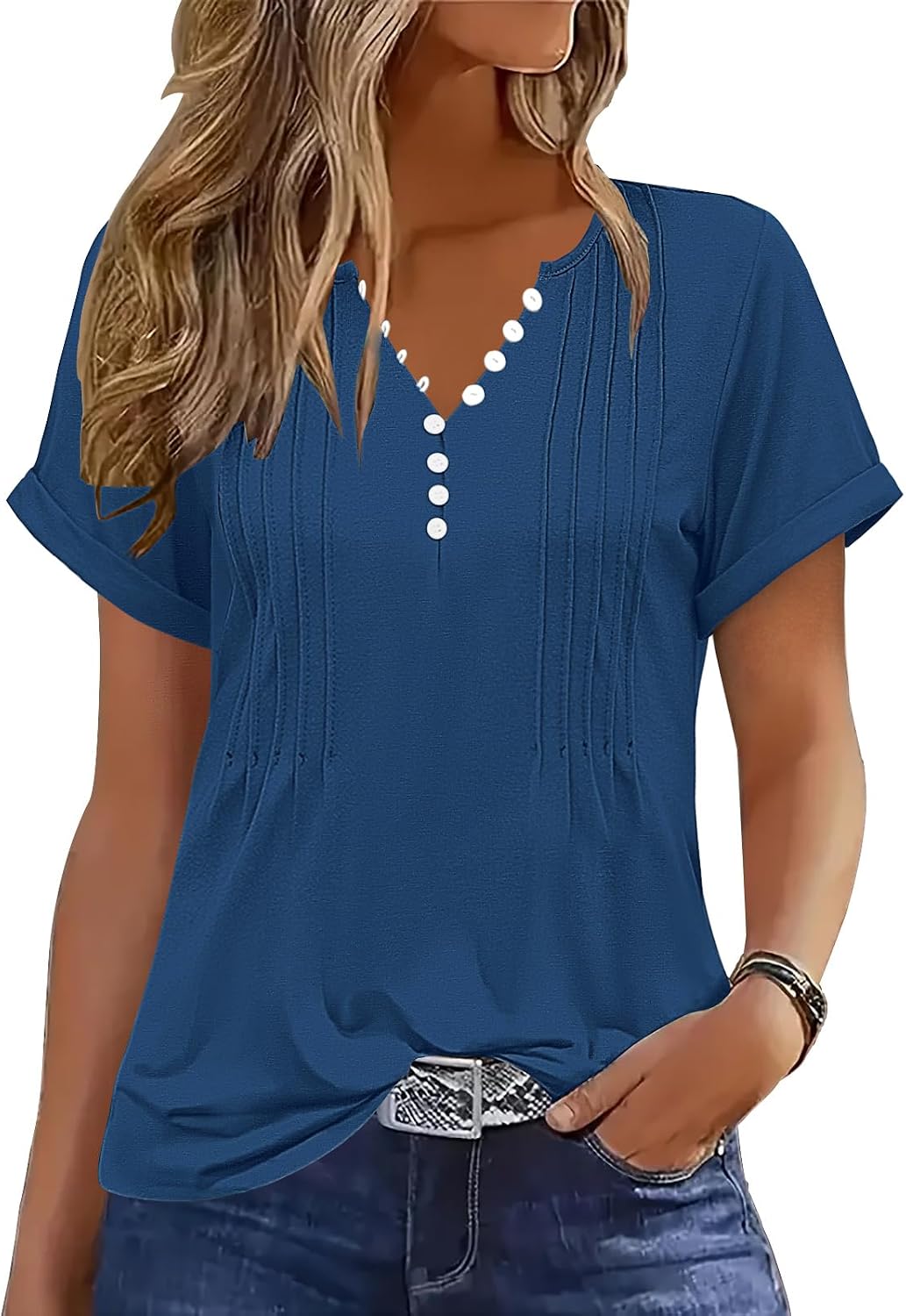 Soesdemo Short Sleeve Shirts for Women V Neck Button Down Floral Soft Boho Womens Blouses Casual Loose Fit Peasant Blouse