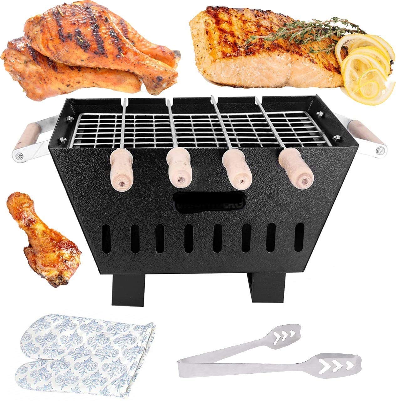Mazoria Cute Barbeque Grill Charcoal with 1 Grill, 4 Skewers, 1 Glove, 1 Tong, 1 Oil Brush