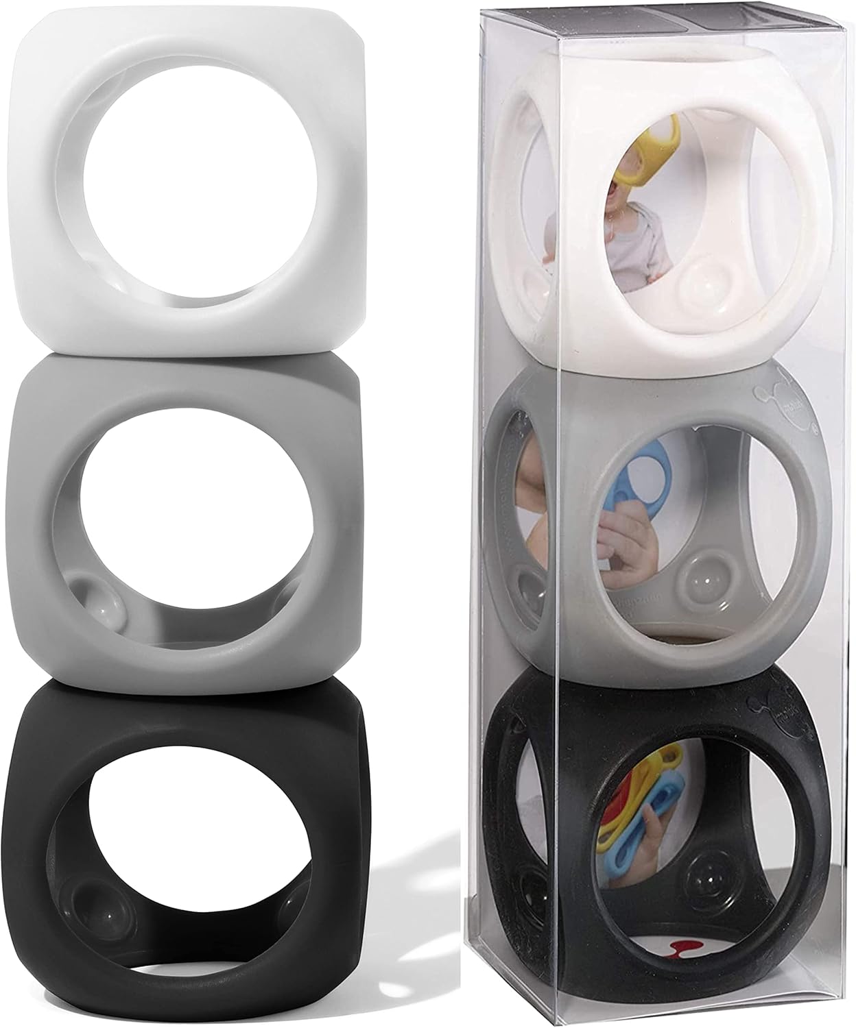 MOLUK Oibo 3-Piece Set - Monochrome | Sensory Stacking Toy, Gripping Ball, and Teether | 100% Silicone Baby Toy for 0+ Months (White, Dark Grey, Black)