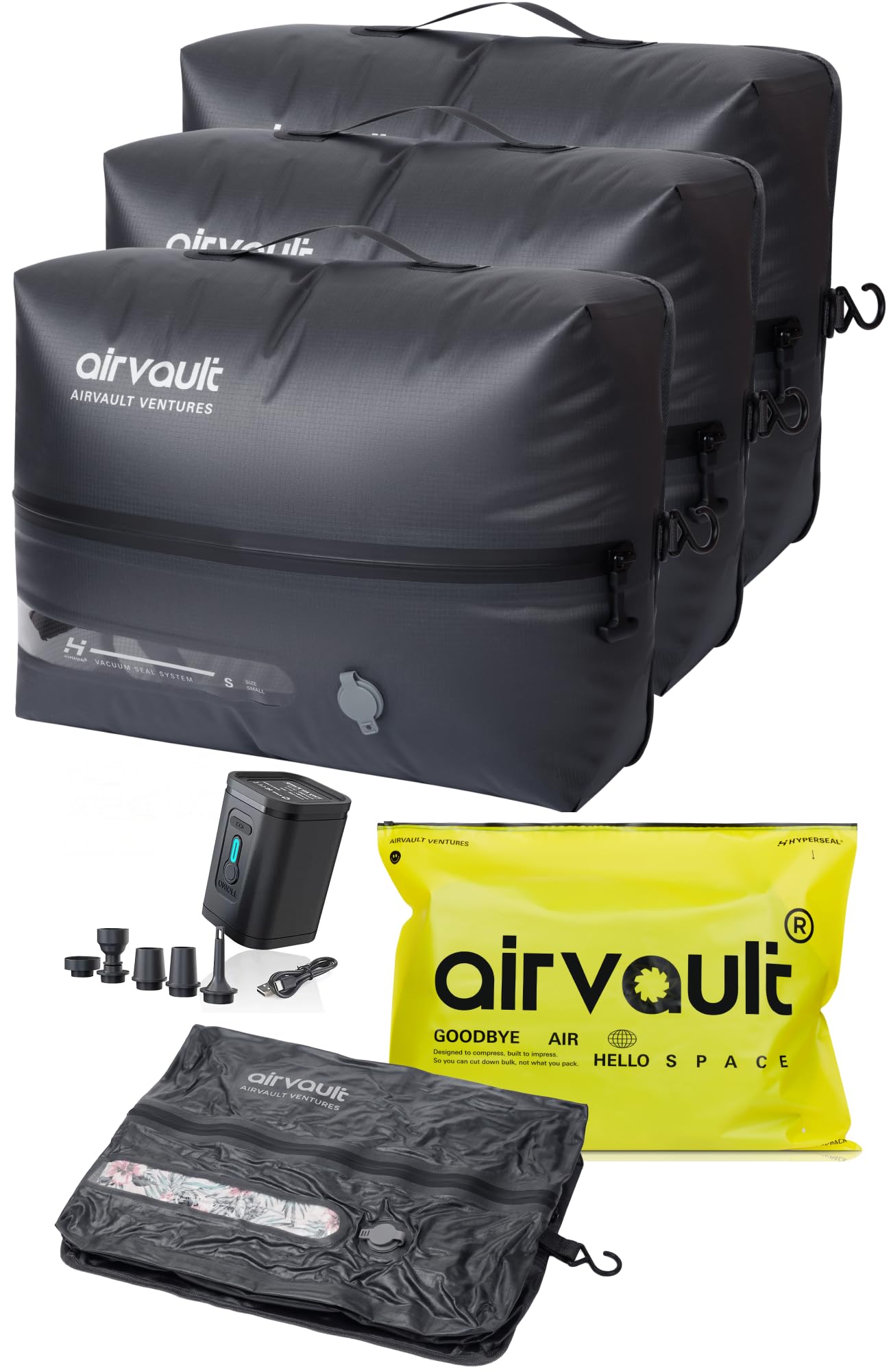 AirVault Reusable Vacuum Compression Travel Bag for Carry-On Suitcase and Backpack, Recycled IP67 Waterproof Space Saver Vacpack (18L Gray (3-Pack) (