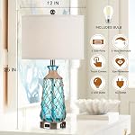 Ruzectt Coastal Glass Table Lamps, 3-Way Dimmable Touch Control Bedside Lamps with 2 USB Ports and AC Outlet, Teal Nautical Nightstand Lamps for Bedroom Living Room (LED Bulbs Included)