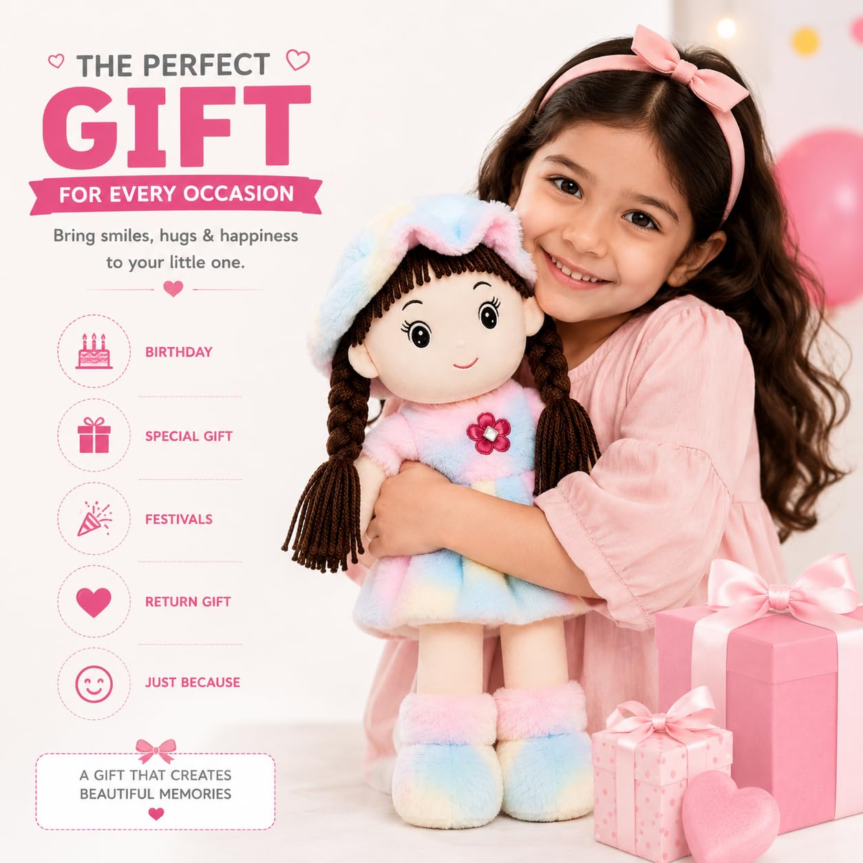 Coolet Soft Hat Doll for Kids 42 cm | Cute Plush Rag Doll with Cap & Braided Hair | Washable Stuffed Soft Toy for Girls & Boys | Birthday Gift | Multicolor 2