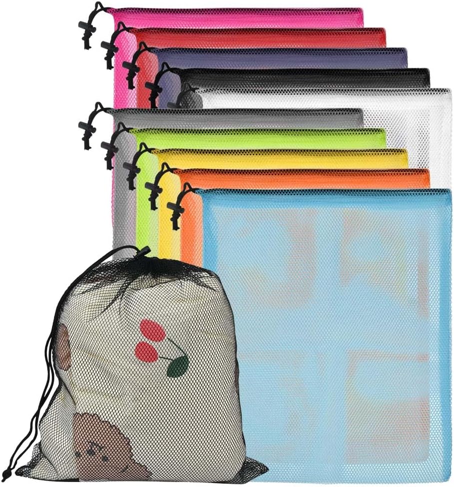 FINZOO 10 PCS Mesh Drawstring Bags,Nylon Mesh Storage Bag with