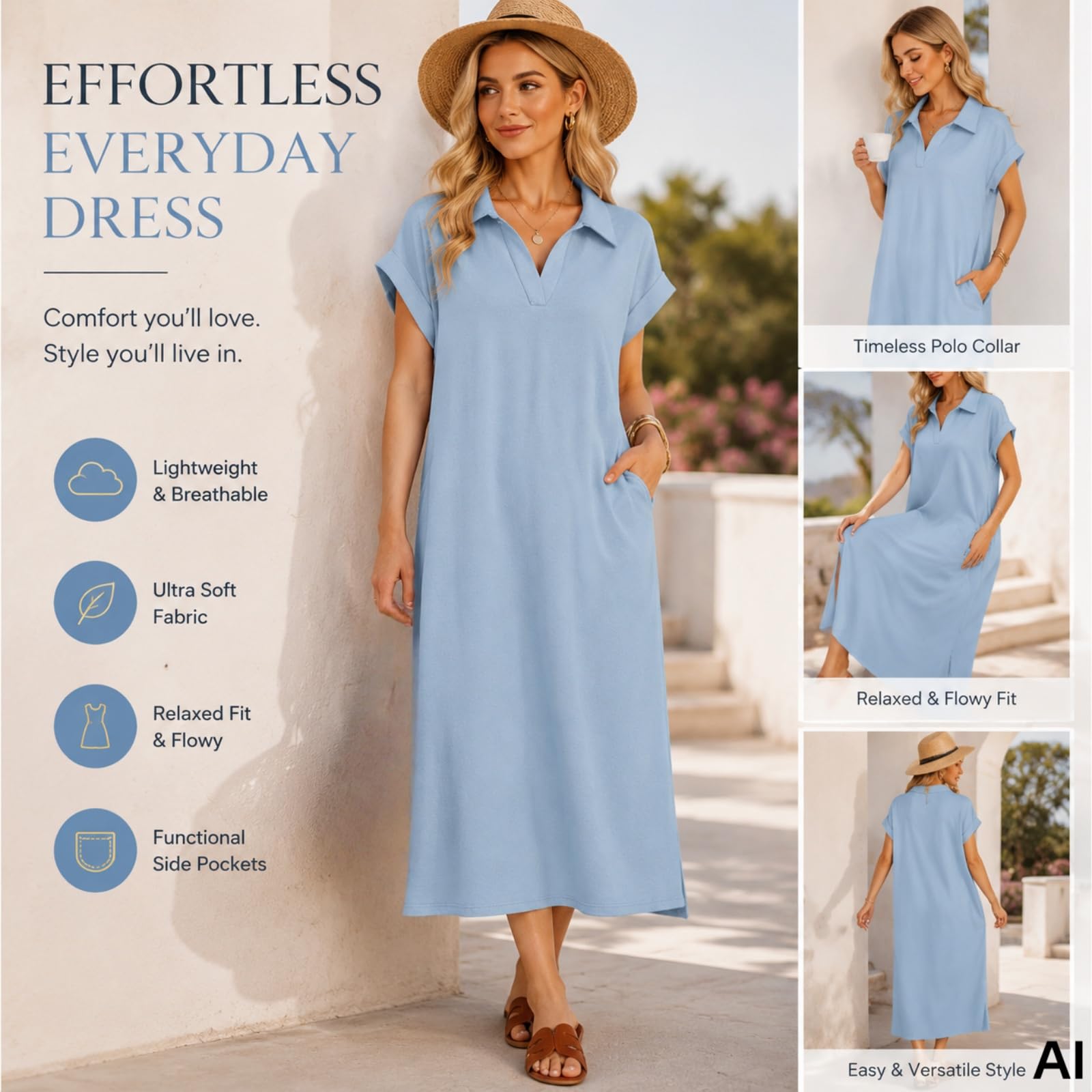 Robe maxi pour femme, col en V, manches courtes, fente latérale, Noir , XL | Robe longue avec col polo, col en V et manches à ailettes, coupe ample, couleur unie, avec fente latérale