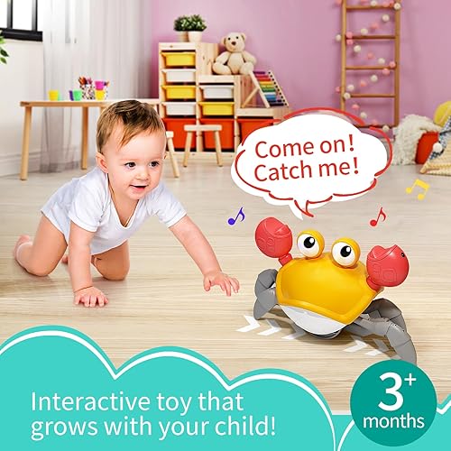 Miniatura 6 de Deejoy Juguetes de cangrejo amarillo con luz, juguete musical interactivo con evitar obstáculos automáticamente, recargable por USB, divertido