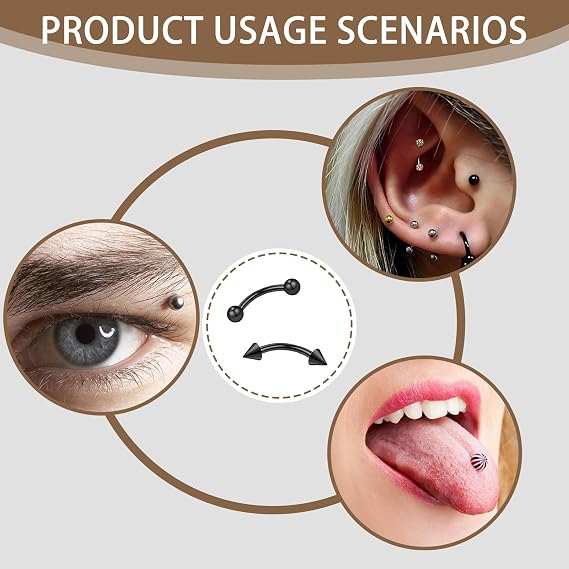 16Pcs Curved Barbell Piercing Lip & Eyebrow StainlessSteel 6mm-12mm Vertical Labret Bars for Lip & Eyebrow Studs (Black and Silver)