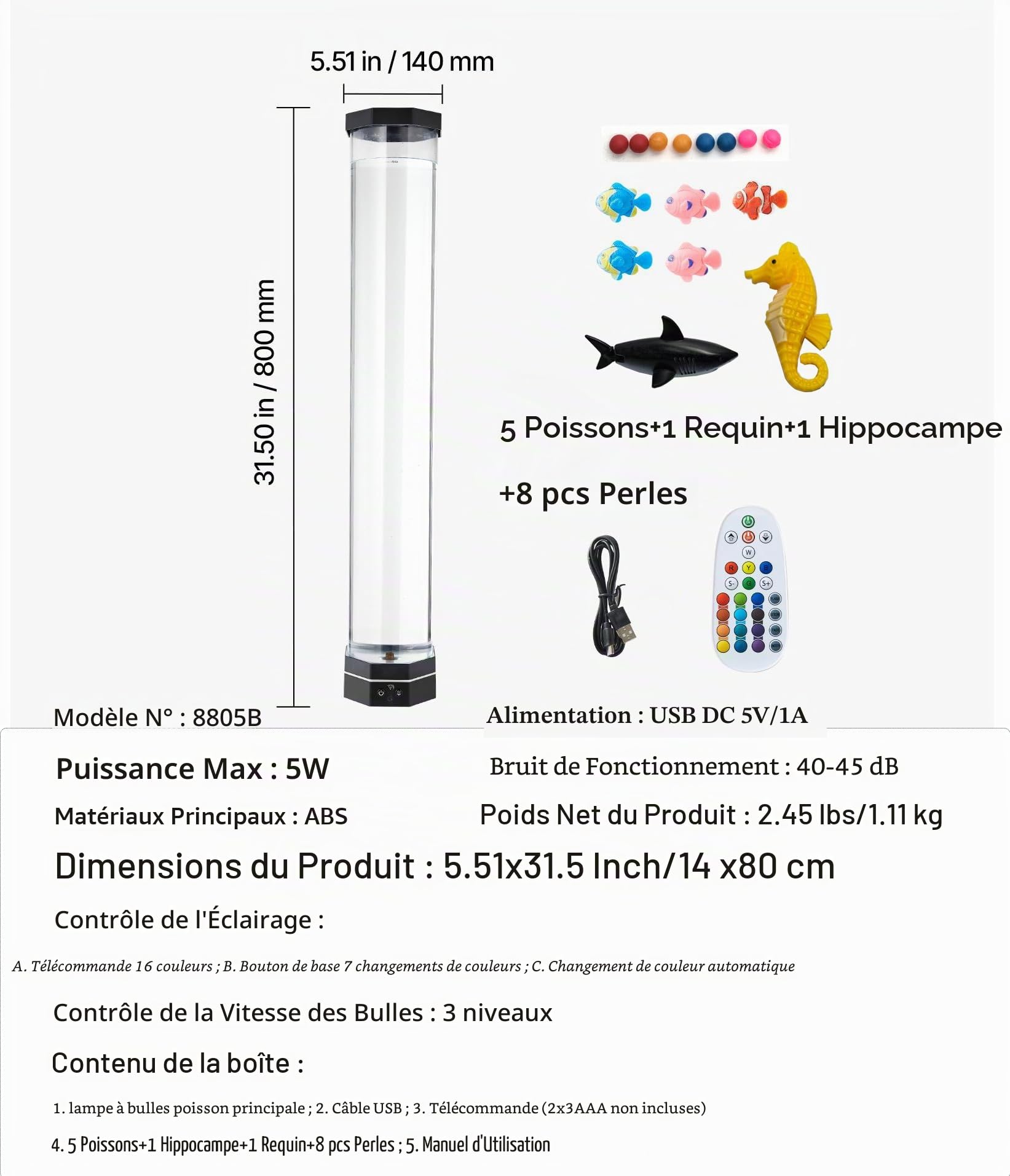 Lampe octogonale extra large de 81,3 cm pour aquarium – Tube sensoriel Jumbo de 12,7 cm de large avec 5 poissons et requins mignons, base stable de 14 cm avec LED bleu moderne, veilleuse à 16 couleurs
