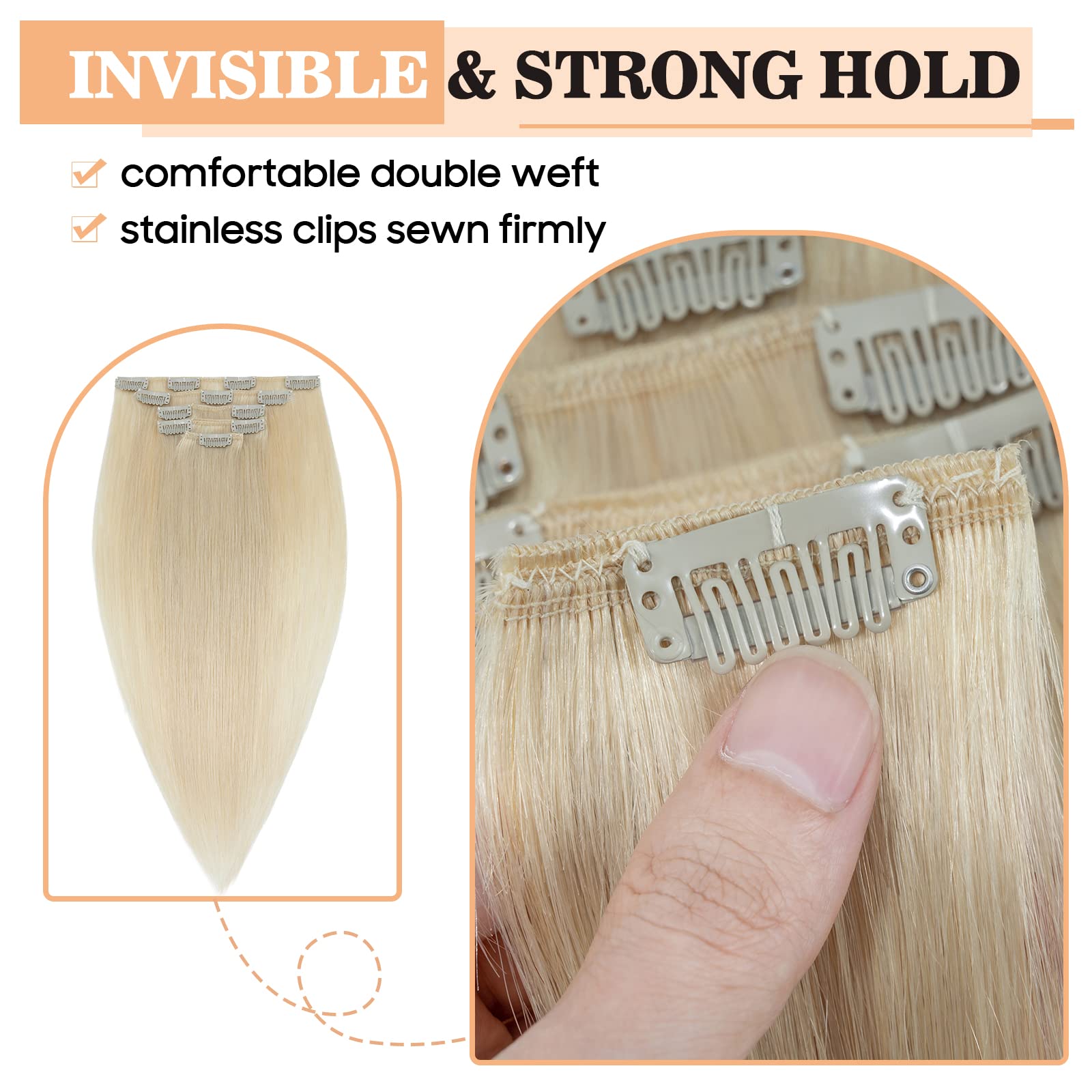 S-noilite Clip in Hair Extensions Real Human Hair Platinum Blonde - Image 4