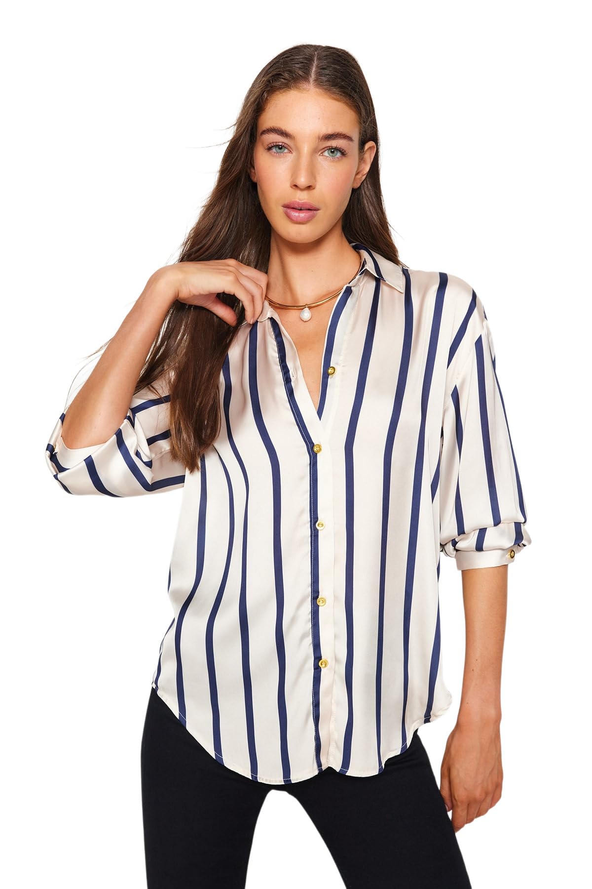 Trendyol Collection Damen Ecru Satin Oversize Hemd Wide Fit, Gestreift Für - Größe 38