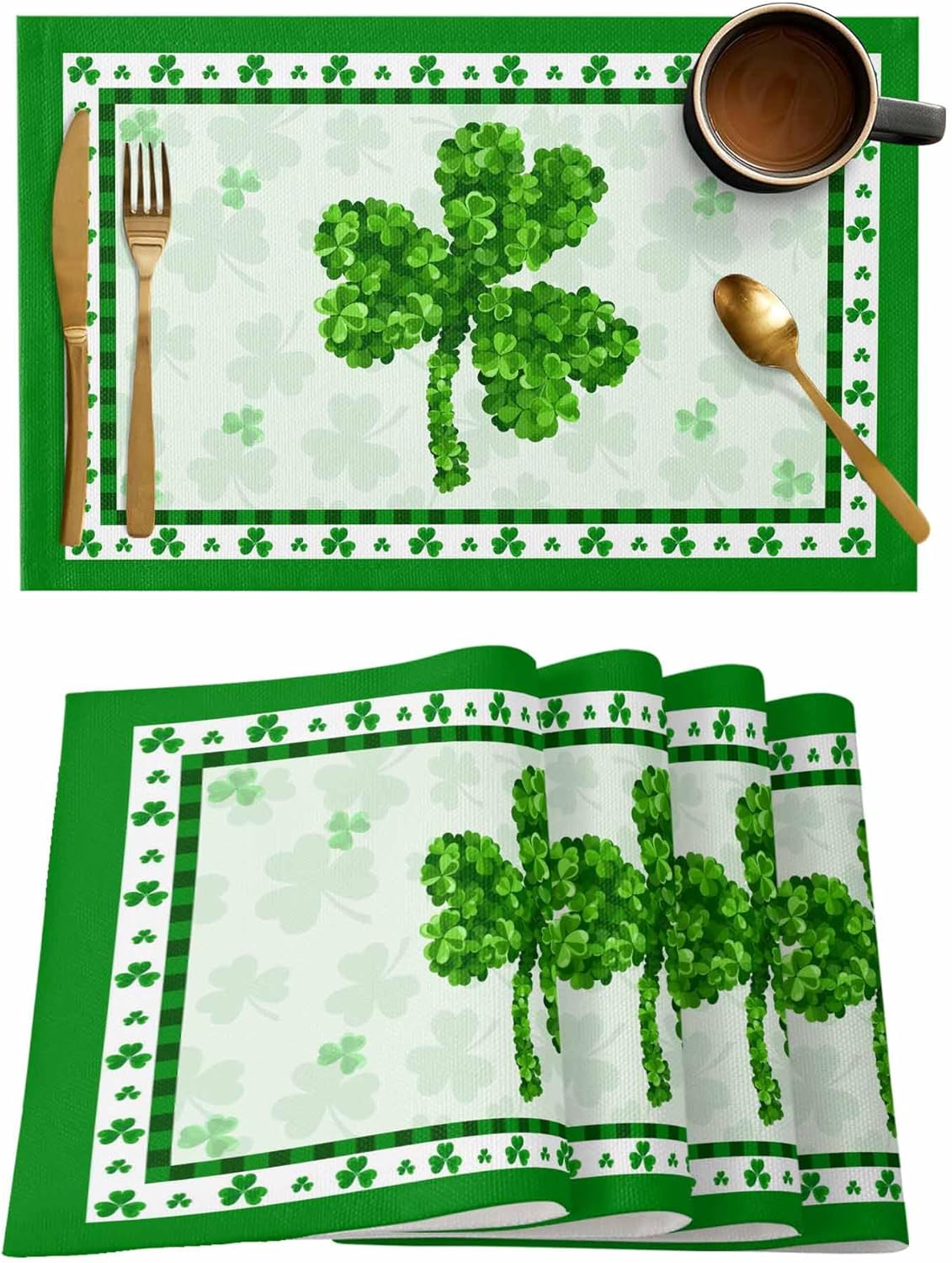 St. Patrick's Day Placemats Set of 4, Lucky Clovers Green Placemats for Dining Table, Shamrocks Cotton and Linen Table Mats Washable for Kitchen, Party, Wedding Decor, 13 x 19 Inches
