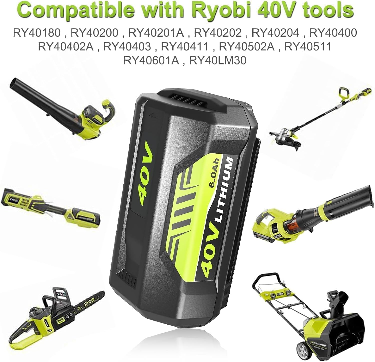 Enermall 1Pack 6.0Ah Replacement for Ryobi 40V Battery Lithium Ion and OP401 Charger Compatible with Ryobi 40 Volt Battery OP4026 OP4050A OP4040 OP4030 Replacement for 40V OP401 Charger (Green)