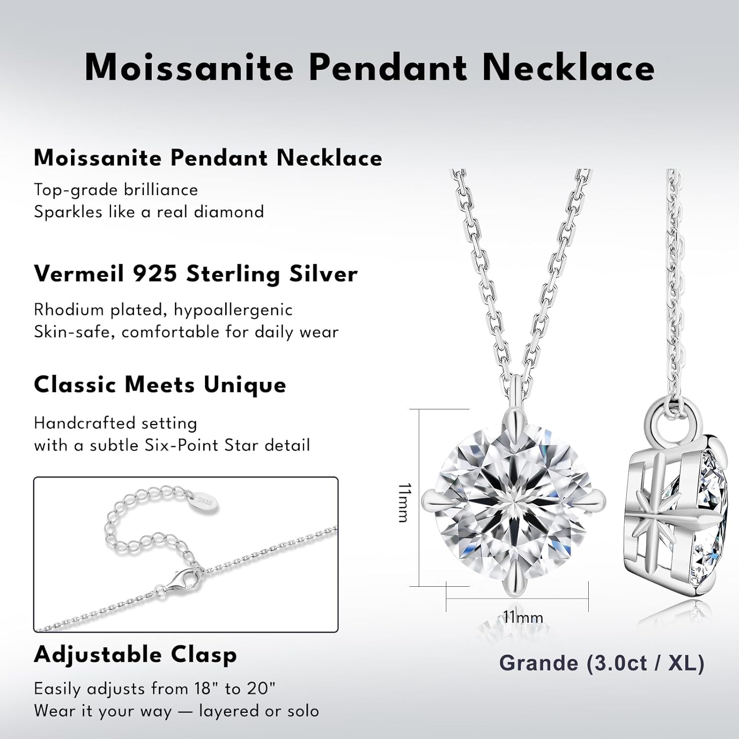KRKC Moissanite Pendant Necklace for Women, 0.5CT/1CT/2CT/3CT/4CT Lab Created Diamond Solitaire Pendant, VVS1 Clarity D Color, Adjustable 14K White Gold Plated S925 Sterling Silver Chain, Jewelry Gift for Anniversary Valentines Christmas Day - Image 4