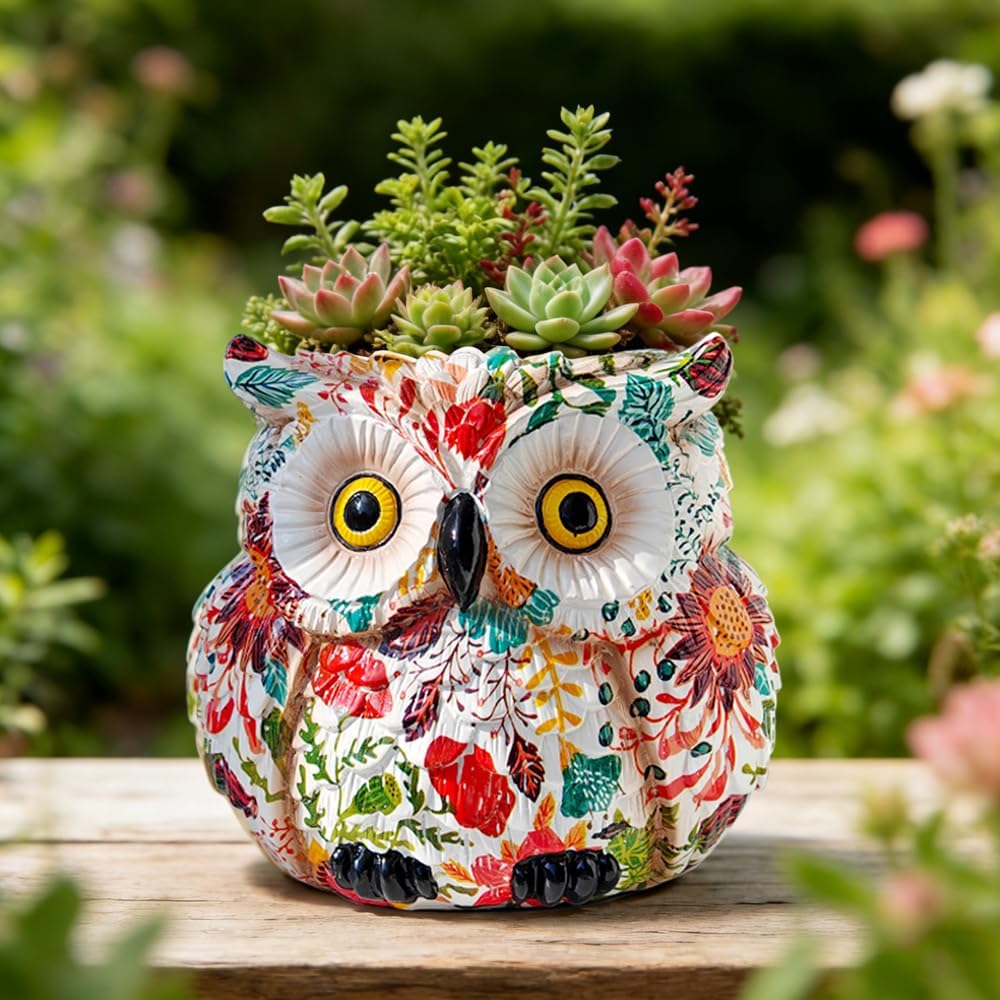 Owl Planter, Owl Succulent Pots, Funny Plant Pots Indoor/Outdoor, Decorative Garden Flower Pot, Cute Small Planters for office Home Decor, Unique Statue Figurine Gifts for Women Mother Teacher Red