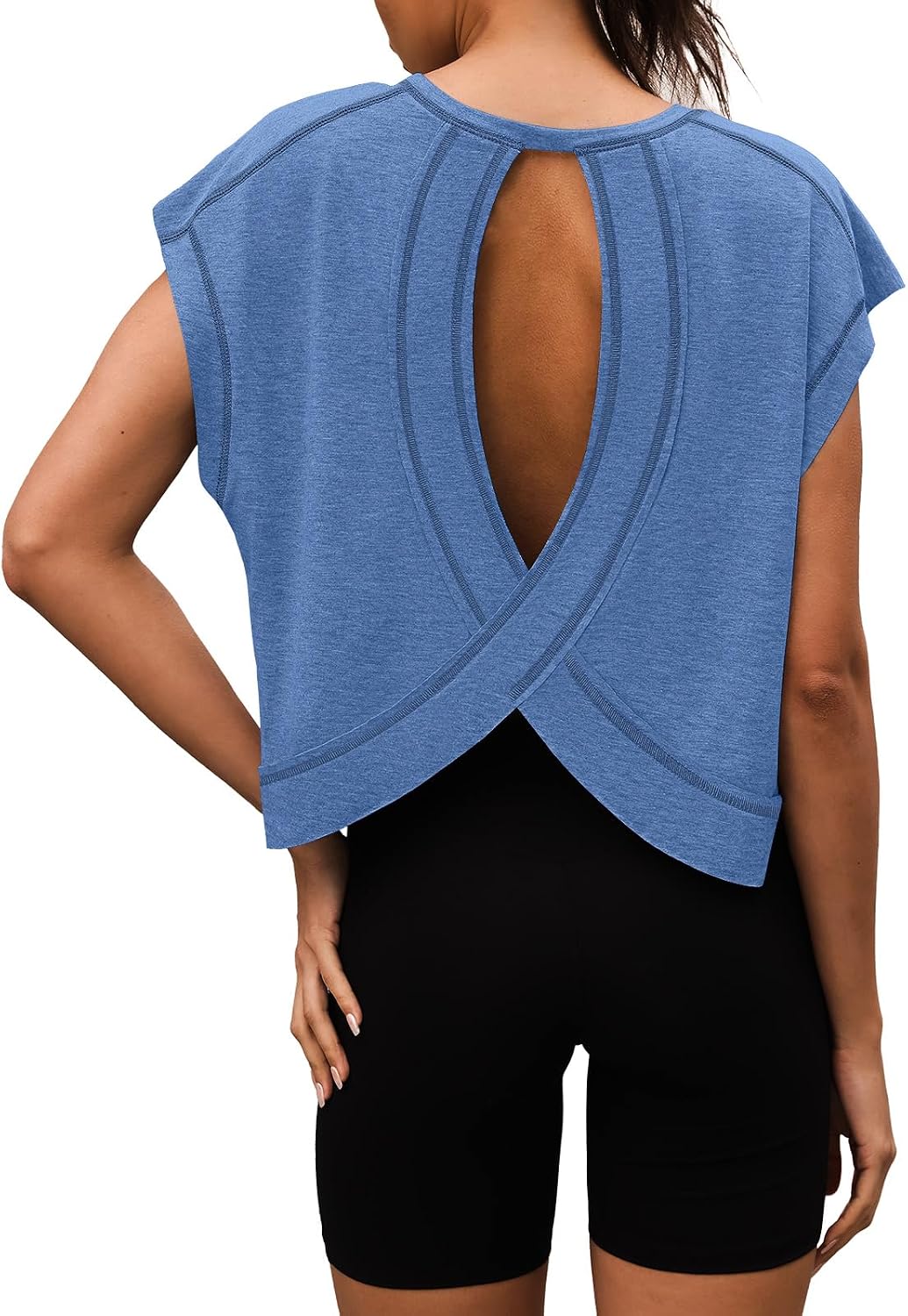 Women Open Back Workout Shirts Short Sleeve Tops Casual Yoga Y2k Athletic Gym Running Crop Tees