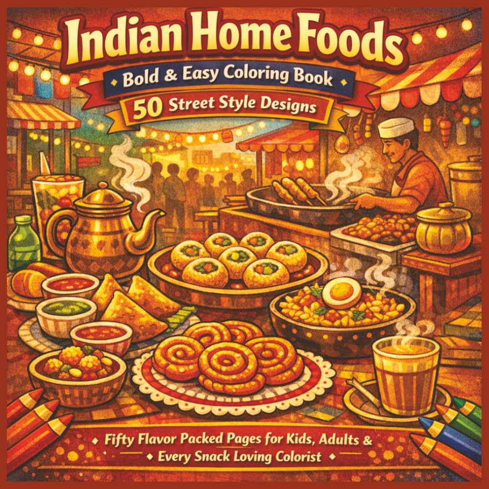 Indian Home Foods Bold & Easy Coloring Book 50 Street Style Designs: Fifty Flavor Packed Pages for Kids, Adults & Every Snack Loving Colorist (Rohim's Colour Kaleidoscope)