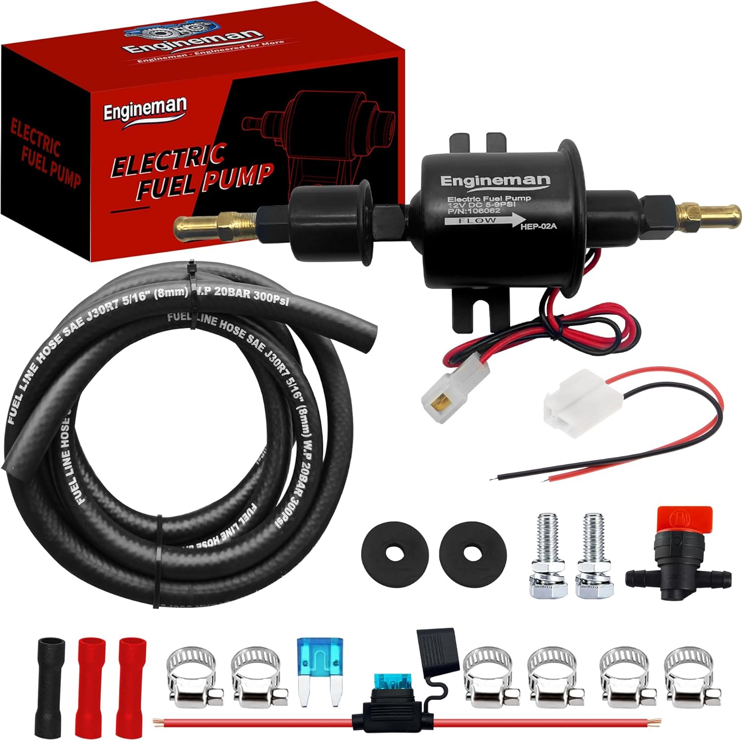 Universal Electric Fuel Pump Kit 12V 5-9 PSI Low Pressure with Fuel Filters 6 Hose Clamps 6.56 FT 5/16" ID Fuel Line Replacement For Carburetor Lawn Mower Gas Diesel Transfer Pump
