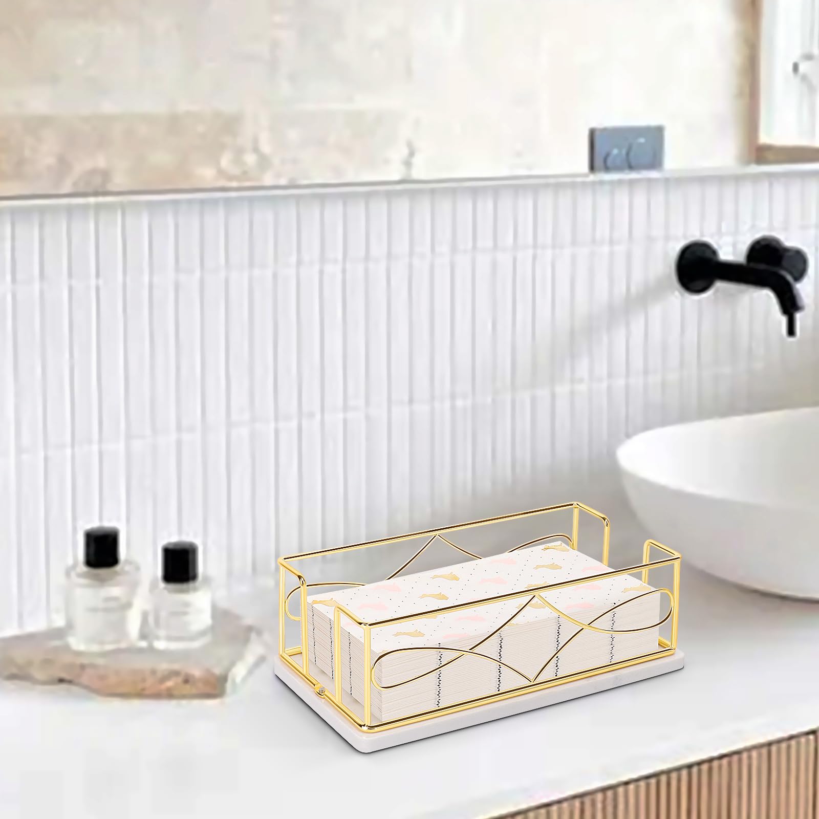 Servilletero con base de mármol, dispensador de papel de toalla de invitados para mesa, moderno soporte de servilletas de metal, ideal para todos los accesorios de decoración de cocina