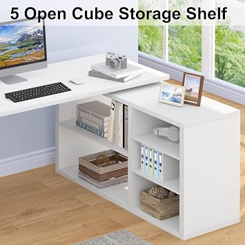 HSH White L Shaped Desk with Shelf, Reversible Modern Home Office Desk Workstation, L Shape Computer Desk with Storage Drawer, Industrial Wood Corner Table for Work Study Writing Gaming, 140 CM