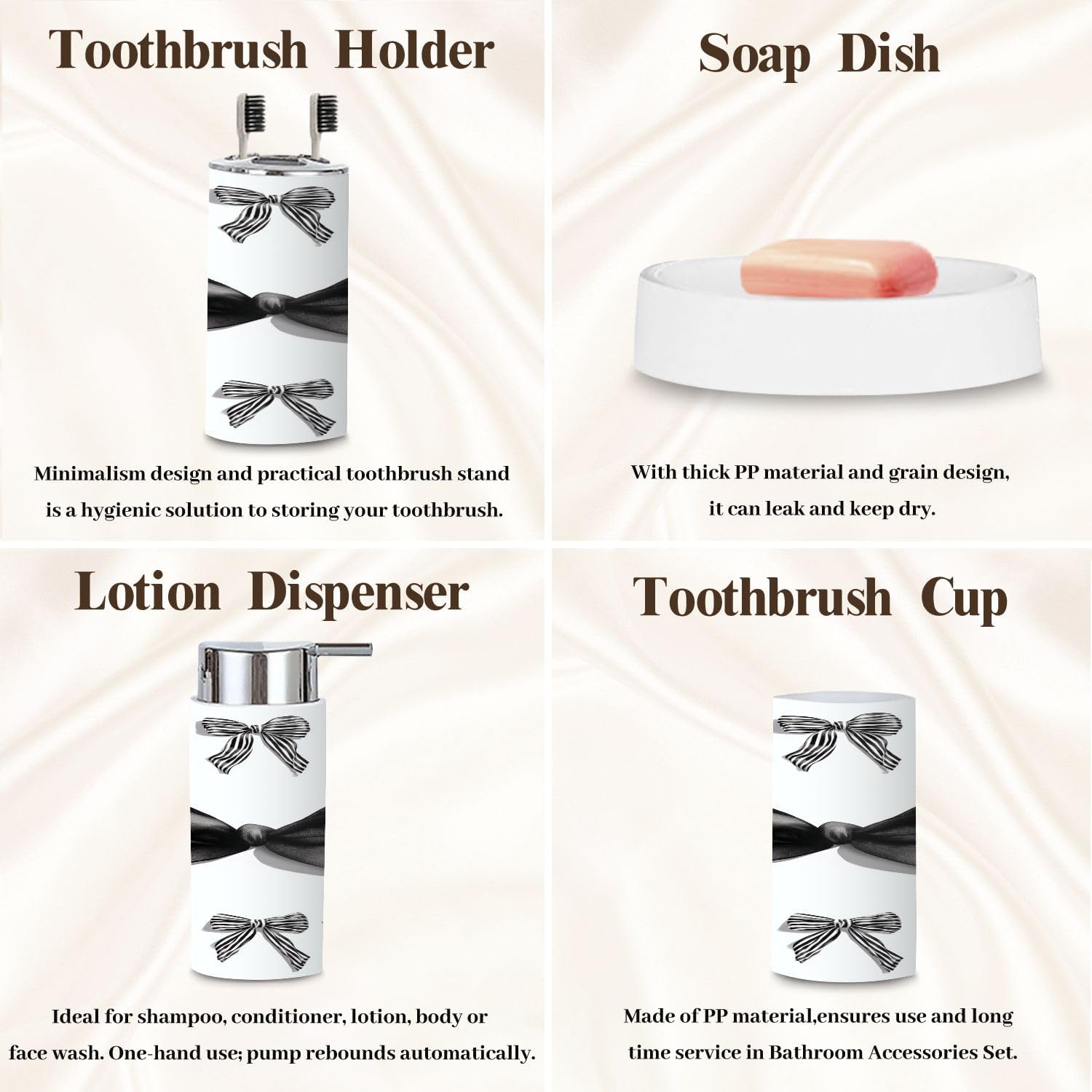 Bathroom Accessory Set 6 Piece Set Bows Black Color Set Watercolor Hand Drawn White Trash can, Toothbrush Holder, Soap Dispenser, Soap Dish, Toothbrush Cup, Toilet Brush Holder