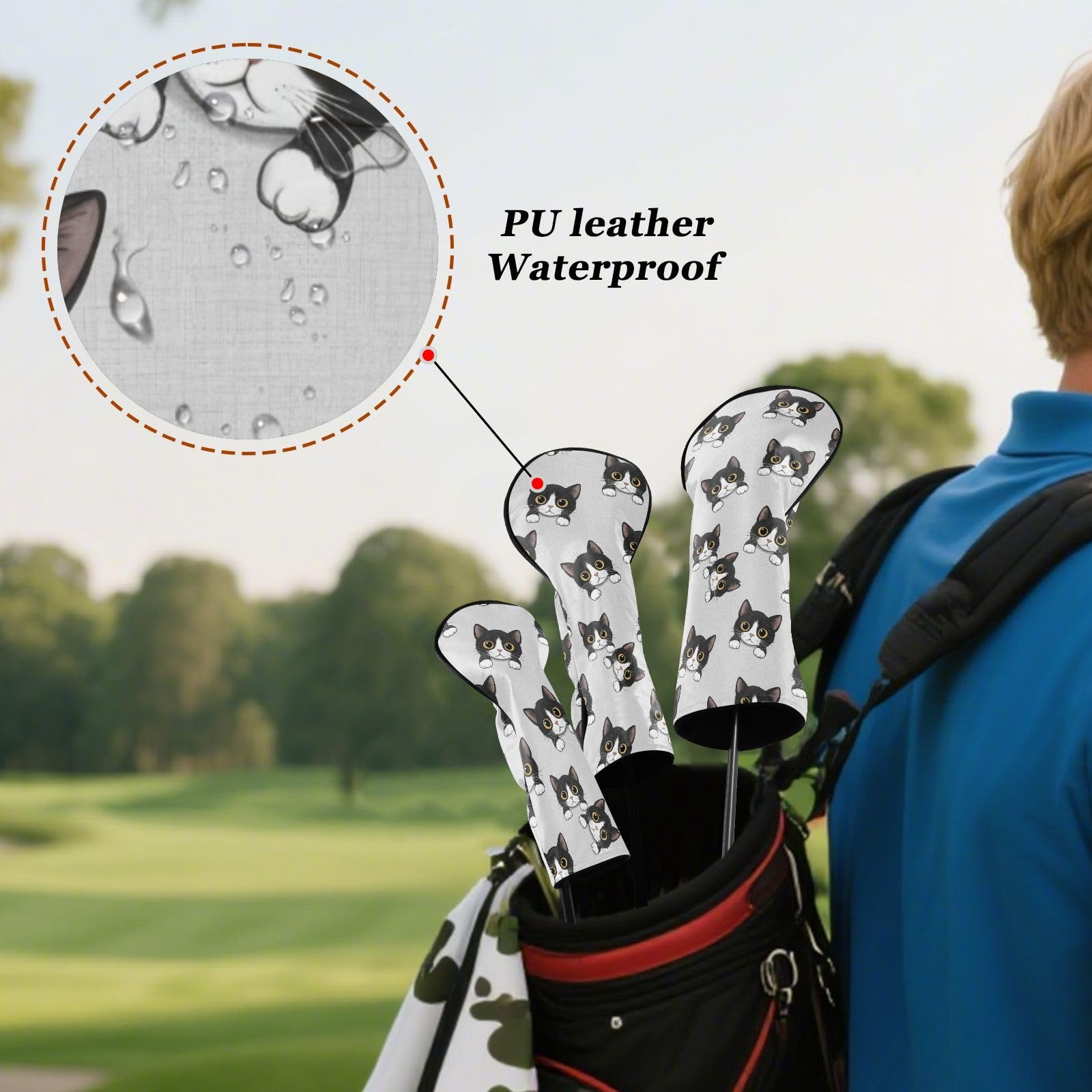 Copritesta per mazze da golf per mazze da golf in legno ibrido con simpatico gatto grigio in pelle PU con etichette numeriche, per donne e