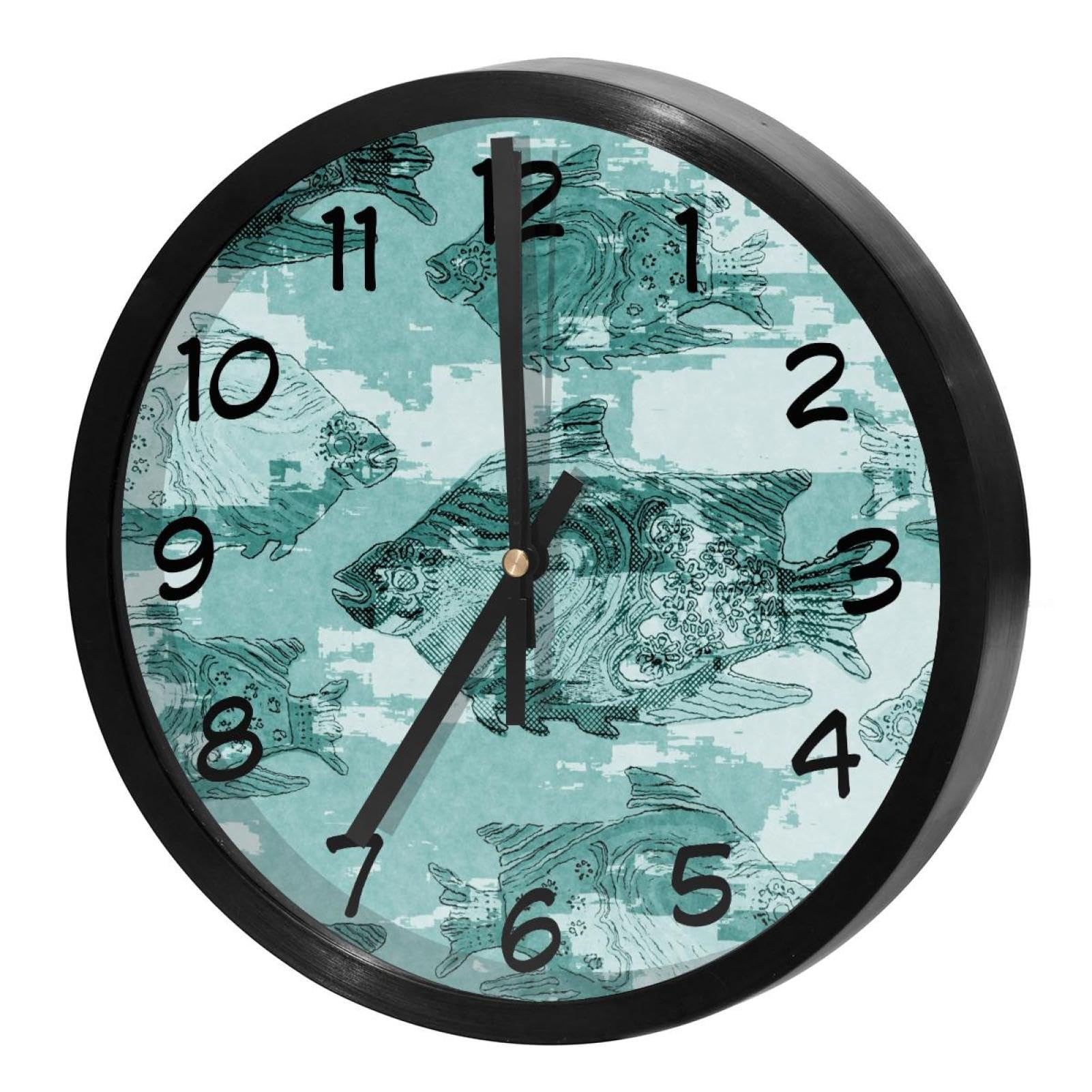 Horloge murale silencieuse à quartz bleu sarcelle avec fond poisson pour cuisine