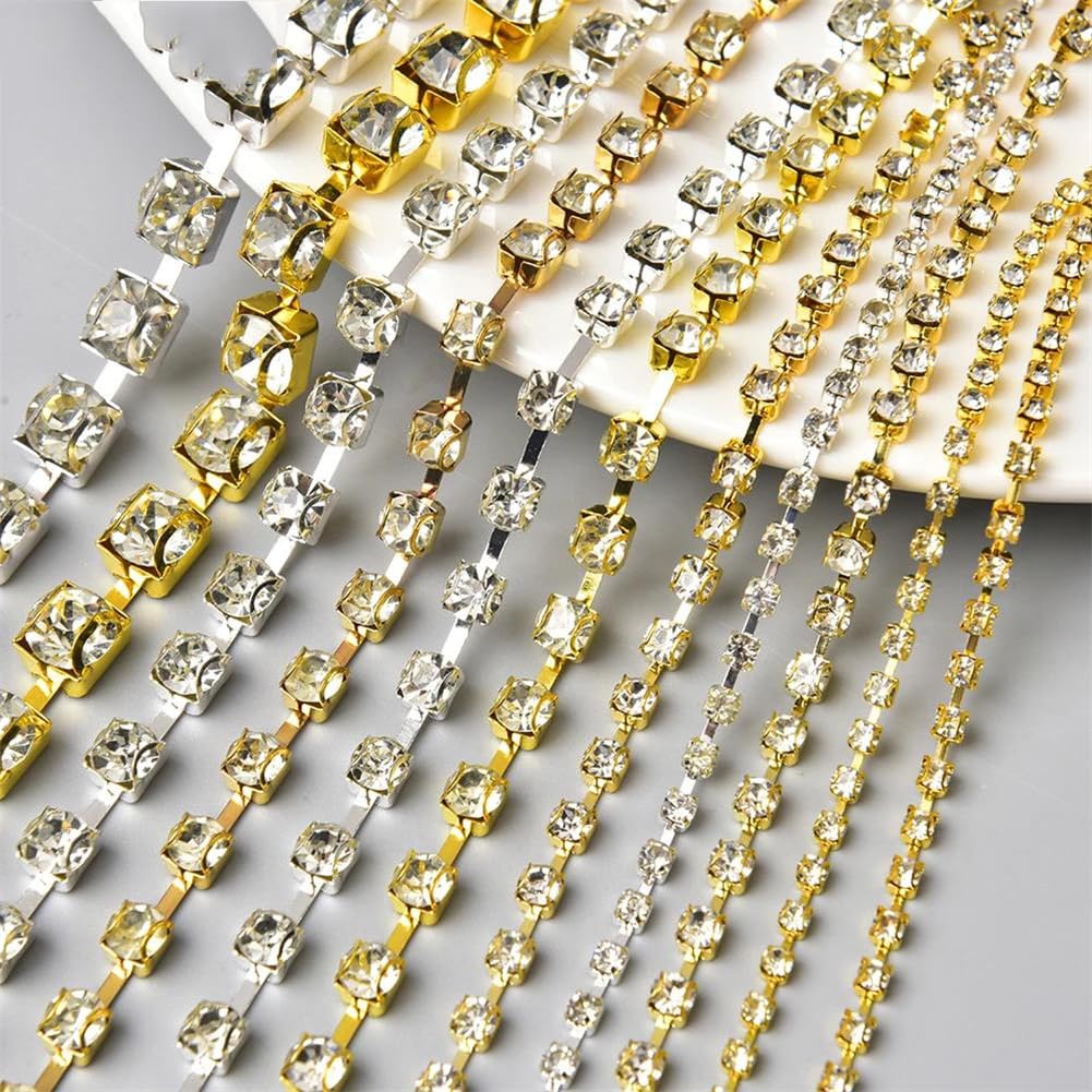 Paski do łańcuszka z dżetów, wielokolorowe szklane kryształy górskie ozdoba 2-8 mm na ubrania, buty, torby (srebrny, SS16-4mm#5 metrów)