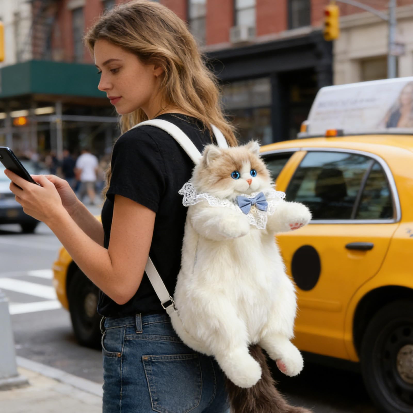 Zaino realistico a forma di gatto, borsa in peluche con tracolla rimovibile, morbido zaino a forma di gatto, per scuola, lavoro, ufficio, viaggi, vacanze, fine settimana, viaggi, viaggi, viaggi
