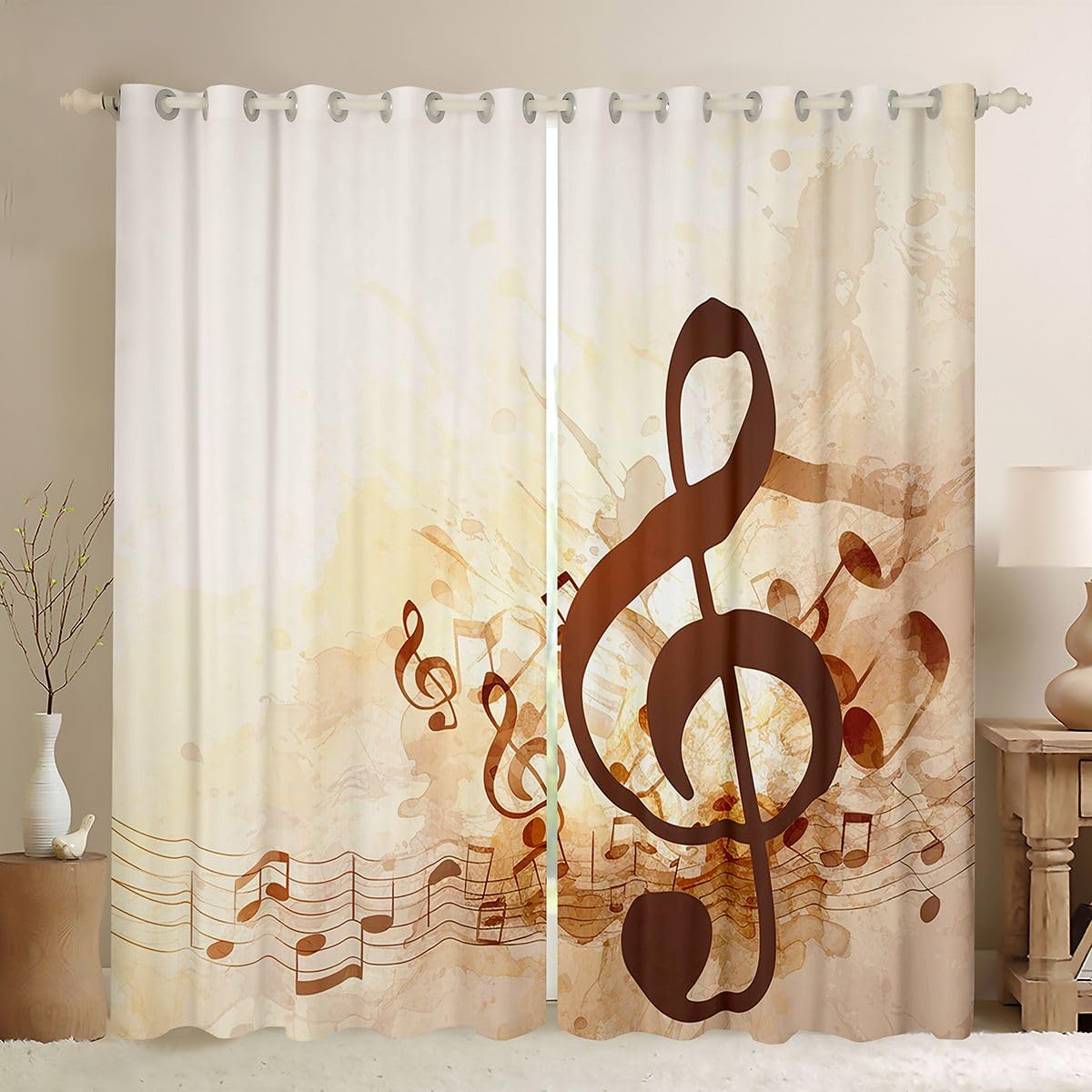 Erosebridal Musical Notes Curtain Panels Retro Rotating Music Window Drapes for Kid Adult Rock Music Grunge Style Grommet Curtain Brown Tie Dye Curtains, 38"x45",2 Panels, Blackout Shades