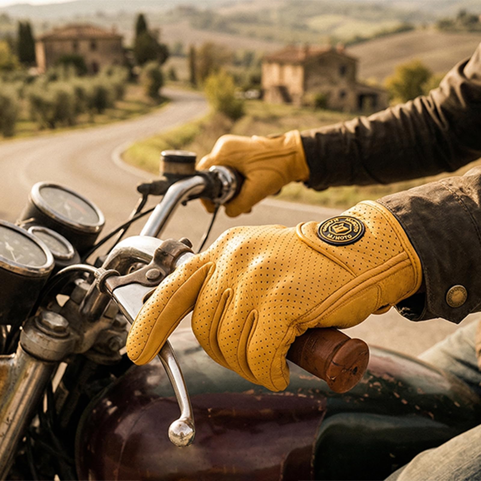 Guantes de Moto Clásicos Amarillos de Piel de Cabra con Agujero, para Verano, Ciclismo, Equitación, Guantes Protectores para Motociclistas