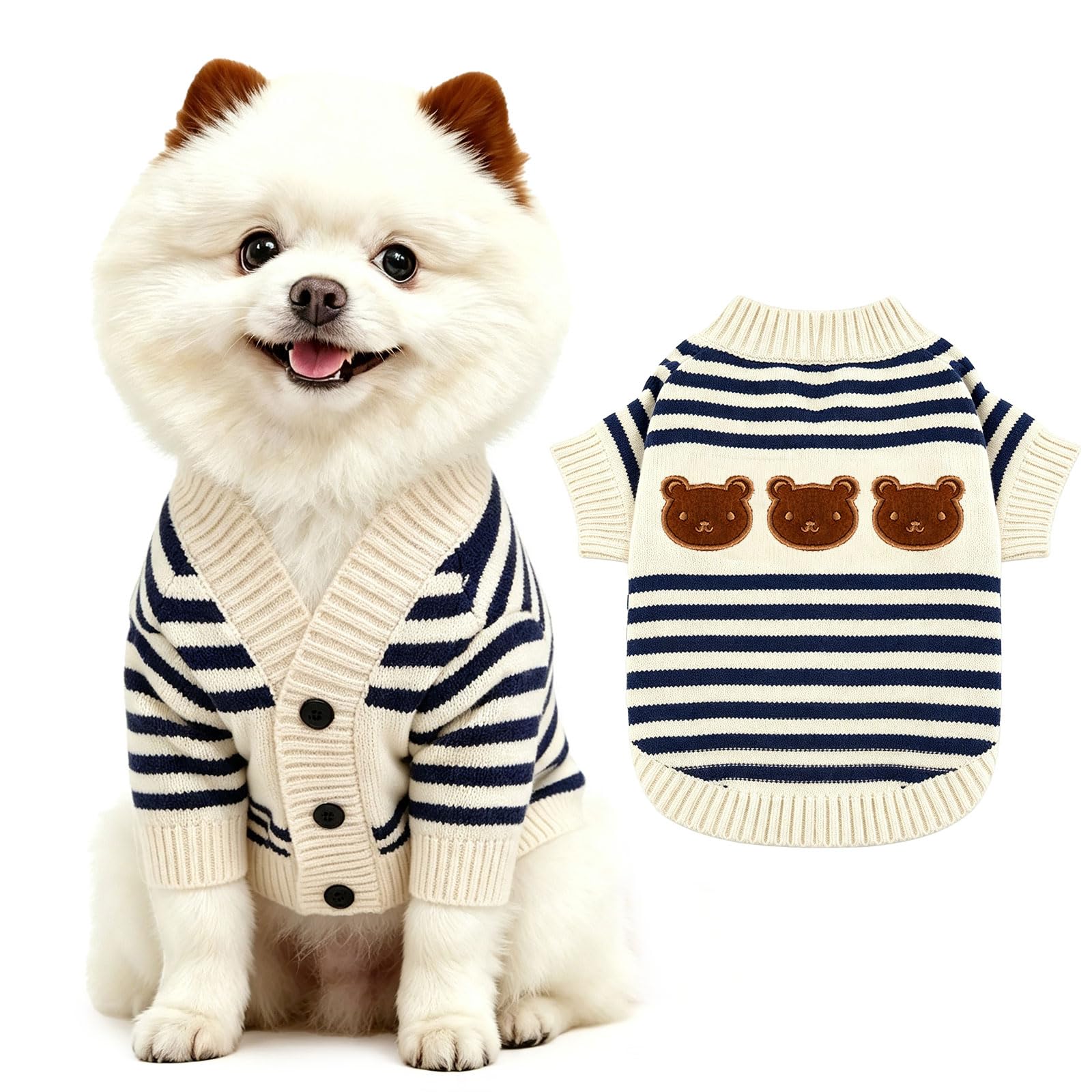 Bear Striped Dog Cardigan Sweater Soft Stretch for Small Dogs & Puppies