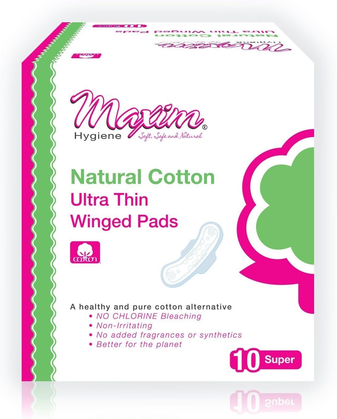 Ultra Thin Cotton Feminine Pads by Maxim (Super, 3 Pack): 100% Cotton Winged Menstrual Pads for Sensitive Skin - Chlorine Free, Chemical Free,10 Count(Pack of 3)