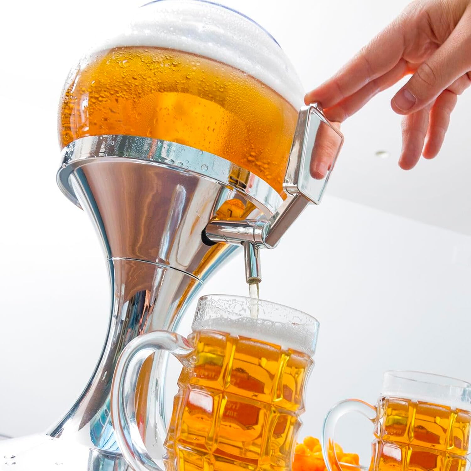 Spillatore Birra Refrigerato - Dispenser per Bevande 3.5L, Adatto per Feste ed Eventi, con Scompartimento per Ghiaccio, in Acrilico, 24x24x42 cm, Argento