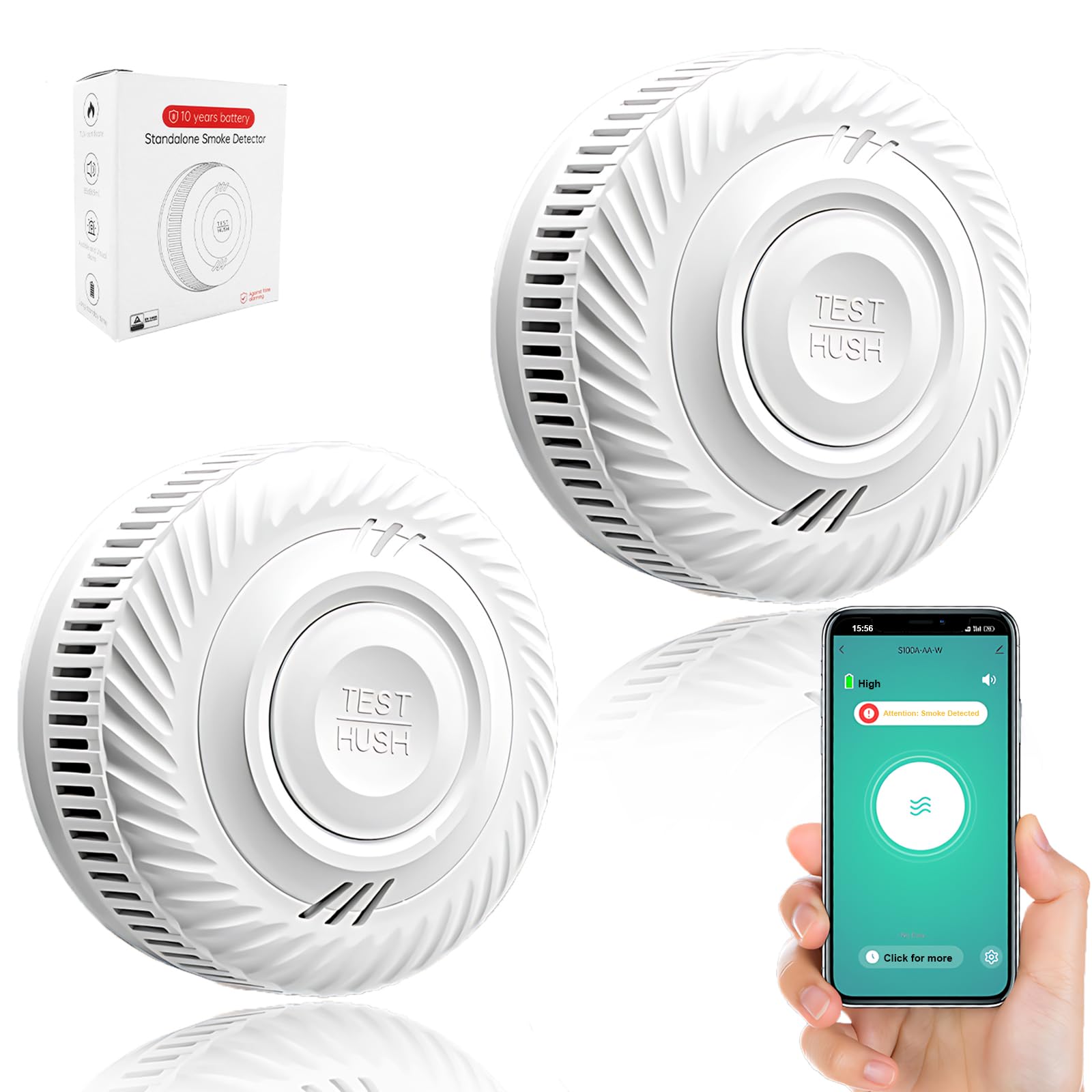 Smart Smoke Alarm 10 Years Battery, Wi-Fi Smoke Alarm with Photoelectric Sensor, Fire Alarm EN14604 Compliant, Compatible with Tuya/Smart Life APP, 2PCS
